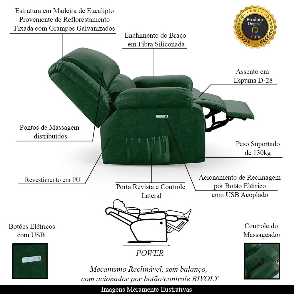 Poltrona do Papai Reclinável Sala de Cinema Madrid Elétrica Touch Massagem USB PU Verde Musgo  G23 - Gran Belo