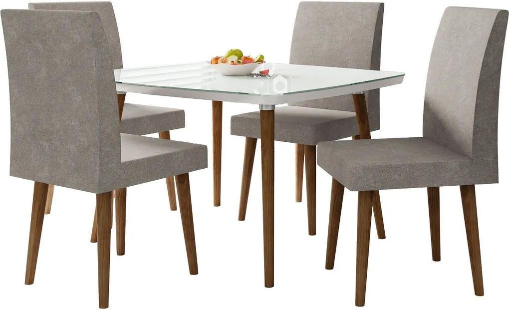 Mesa de Jantar com 4 Cadeiras Jade Pés Palito Branco Clean com Pena Caramelo - RV Móveis