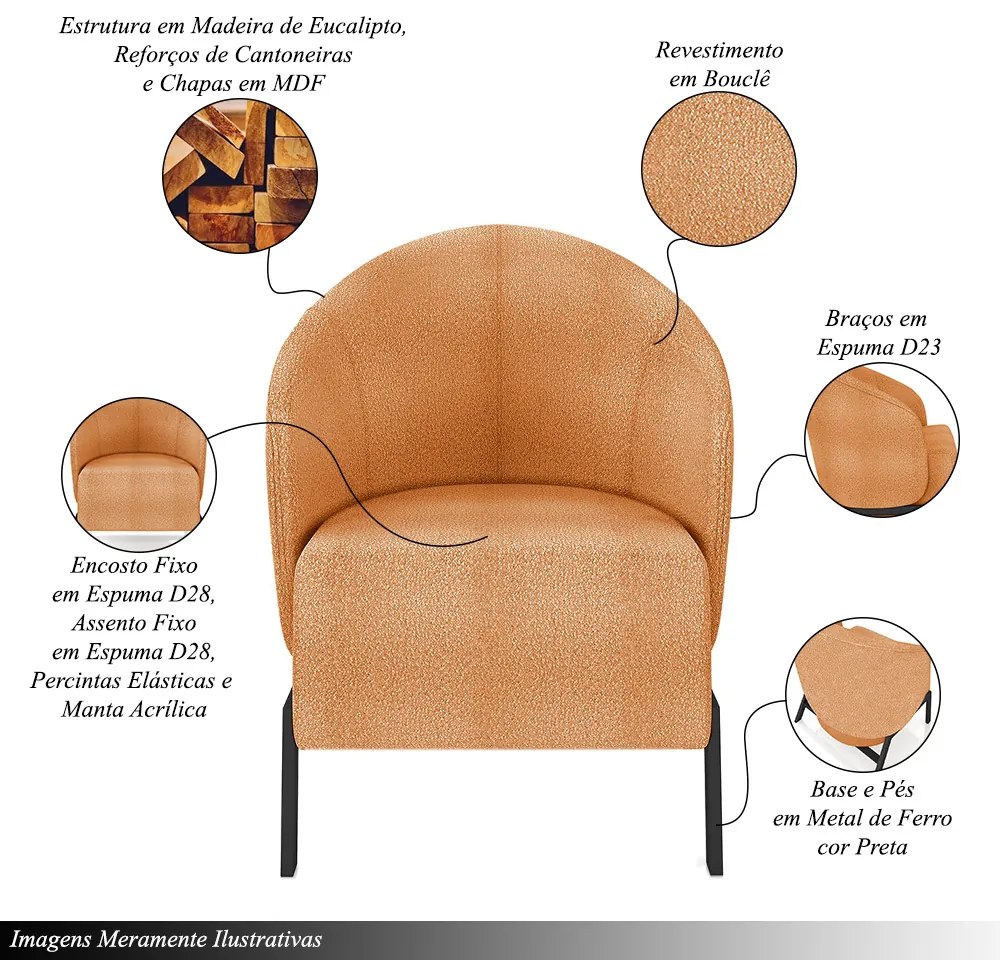 Kit 2 Poltronas Decorativa Sala de Estar Kenya Pés em Ferro Bouclê Preto/Terracota G33 - Gran Belo