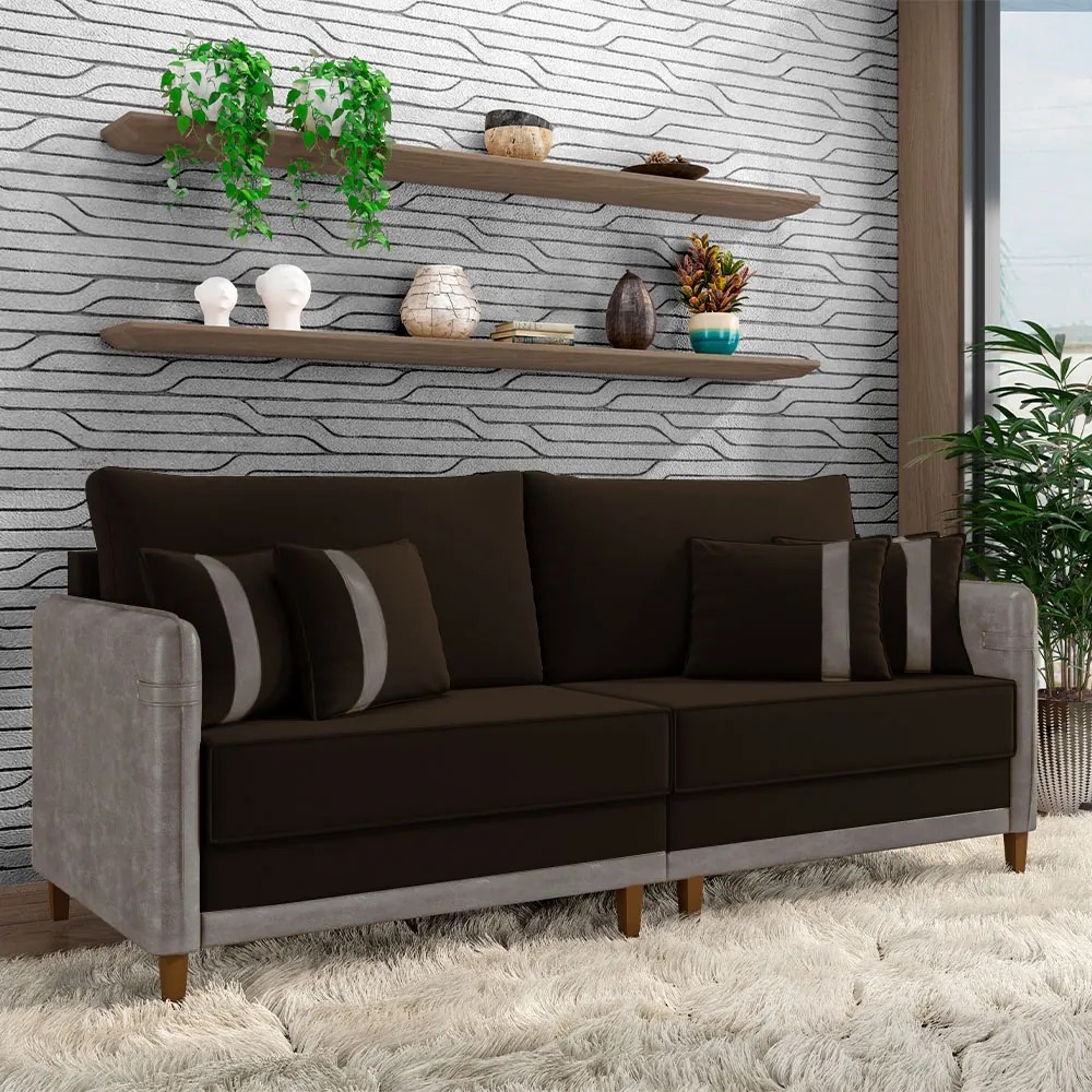 Sofá Living Montecarlo 3 Lugares Bipartido 252cm Pés em Madeira Veludo/PU Marrom/Cinza G33 - Gran Belo