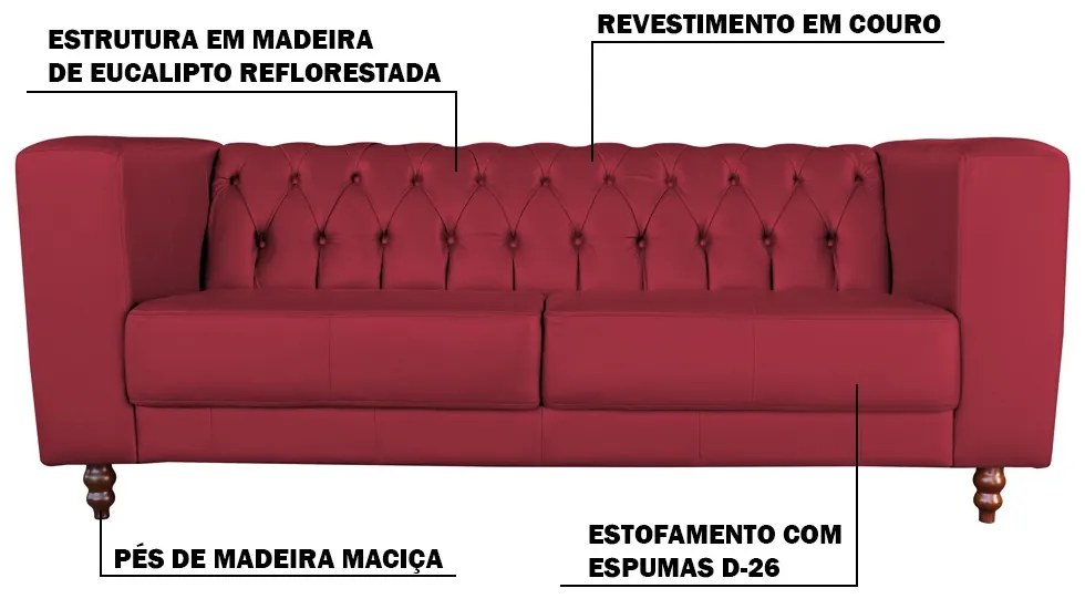 Sofá 3 Lugares Ravena 200cm Couro Vermelho G58 - Gran Belo