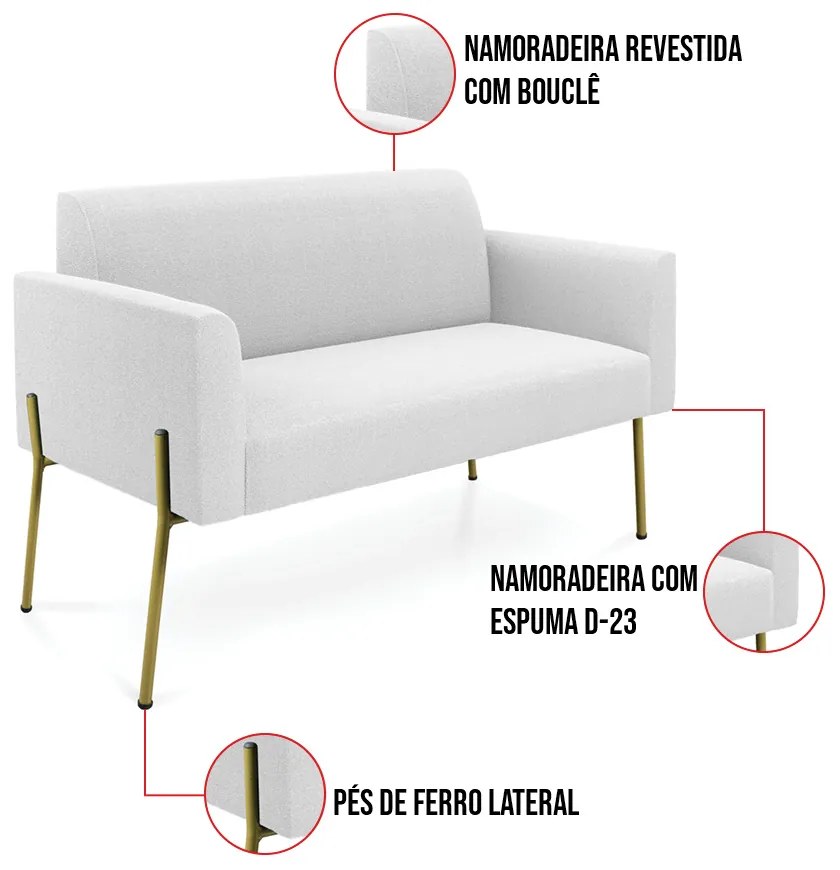 Sofá 2 Lugares Namoradeira Pé Ferro Dourado Marisa Bouclê D03 - D'Rossi - Off White