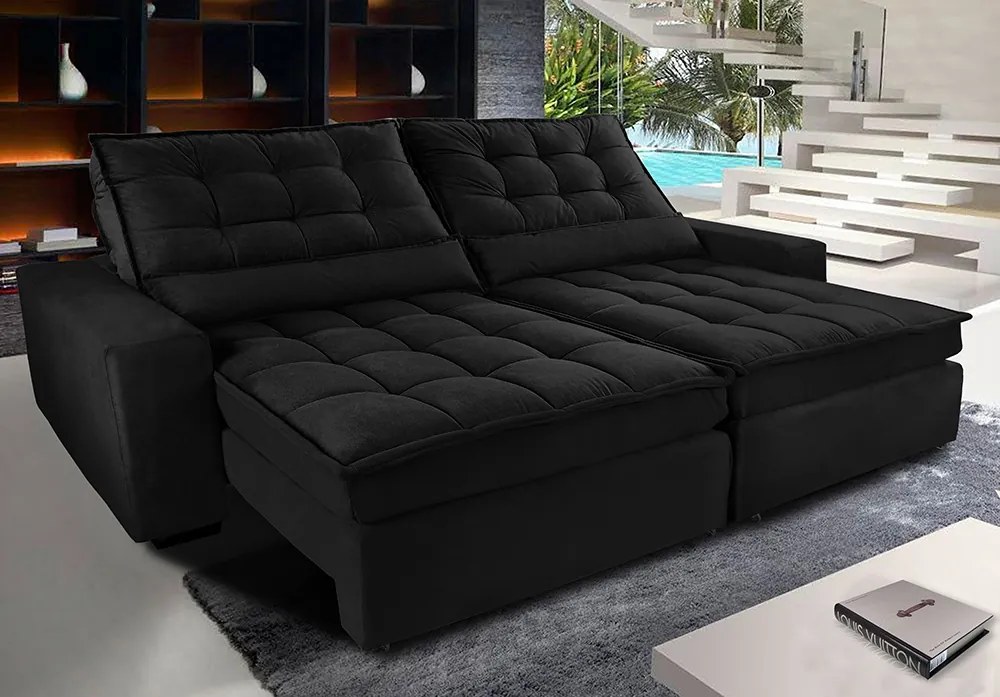 Sofá Retrátil E Reclinável Com Molas Ensacadas Cama Inbox Gold 2,32m Tecido Suede Velusoft Preto