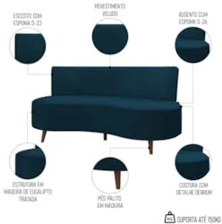 Sofá 2 Lugares para Sala Living 135cm Pés Palito Korah Z08 Veludo Azul