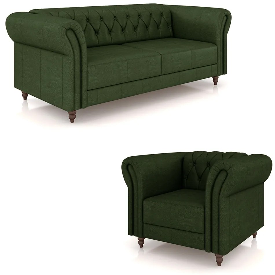 Conjunto Sala de Estar 1 Sofá Living 220cm e 1 Poltrona Stanford Chesterfield Pés Madeira Couro Verde Manchado G58 - Gran Belo