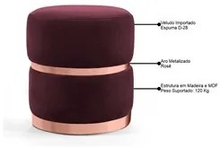 Puff Decorativo Com Cinto e Aro Rosê Round C-278 Veludo Marsala - Domi