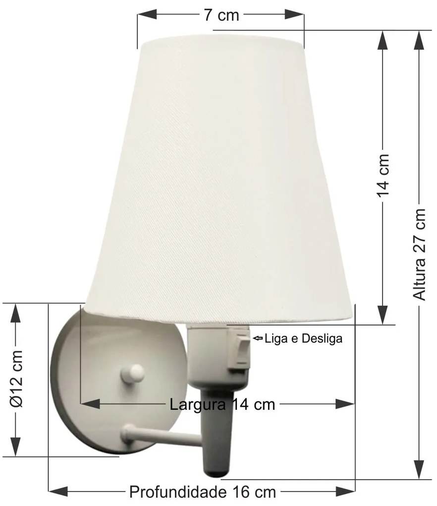 Arandela de Parede Vivare Md-2013 Branca Com Interruptor Liga e Desliga Cúpula em Tecido - Bivolt