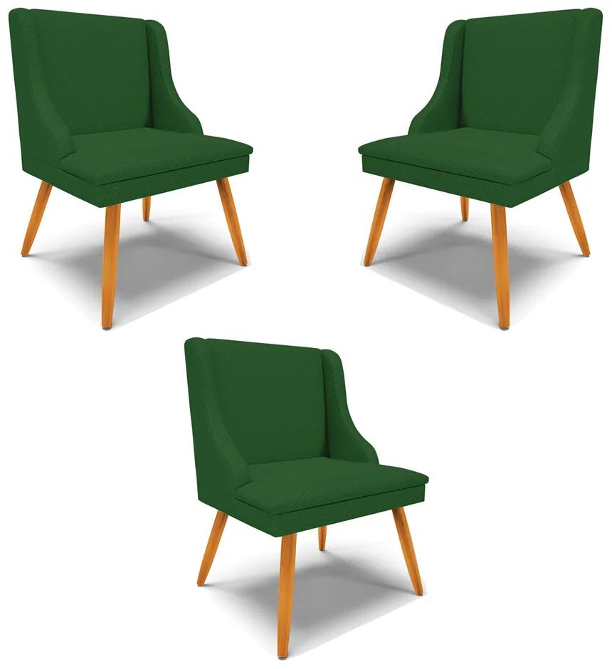 Kit 3 Cadeiras Decorativas Sala de Jantar Pés Palito de Madeira Firenze Veludo Luxo Verde/Natural G19 - Gran Belo