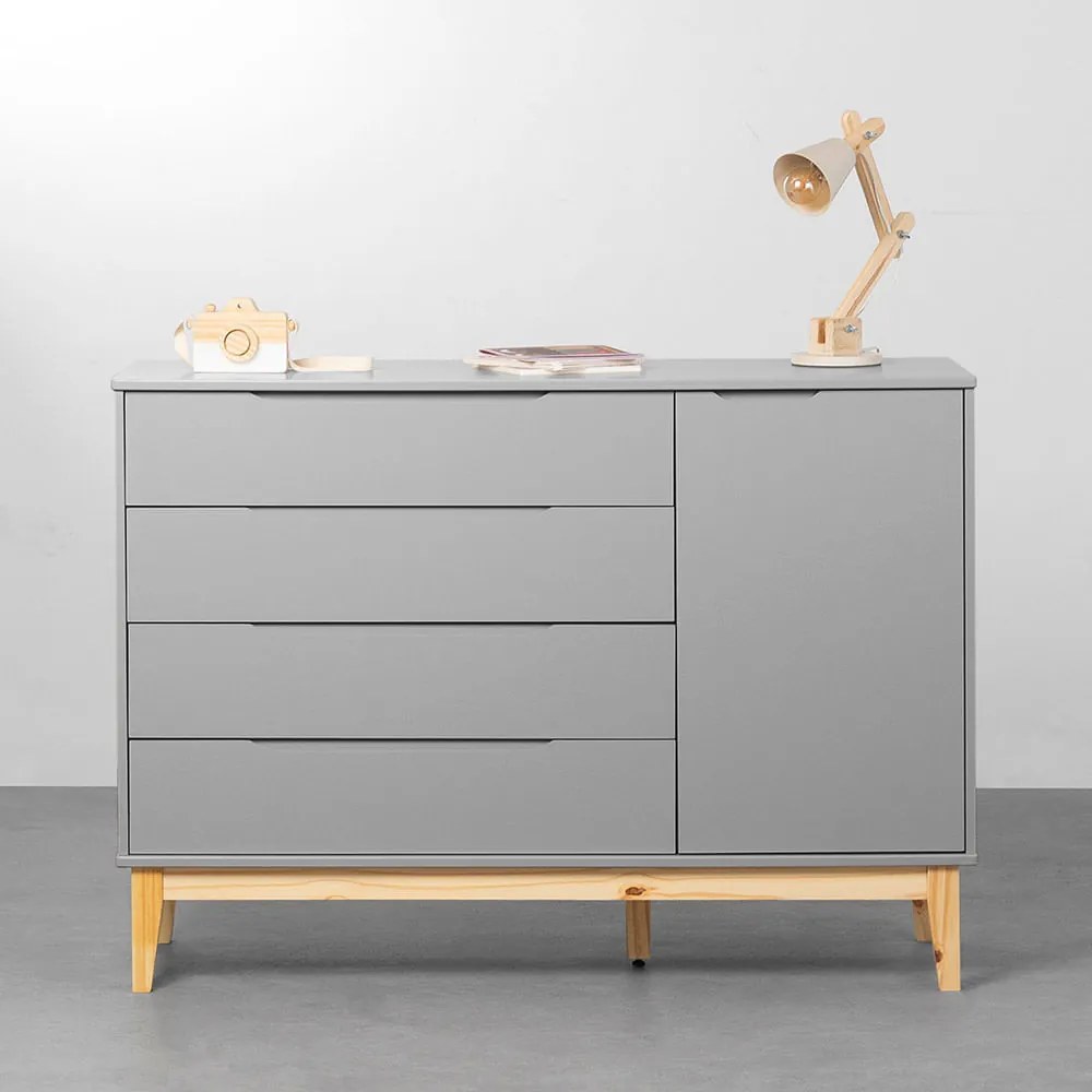 Cômoda Elfe 4 Gavetas e 1 Porta com Pés Square Natural – Cinza Fosco