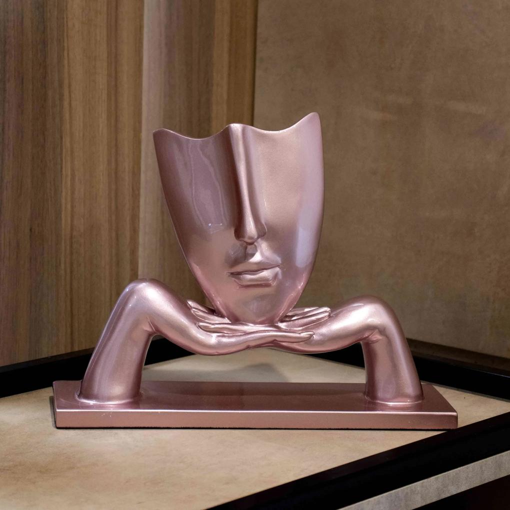 Escultura Decorativa Máscara com Base em Cerâmica Rosa Metal 23x30  cm - D'Rossi