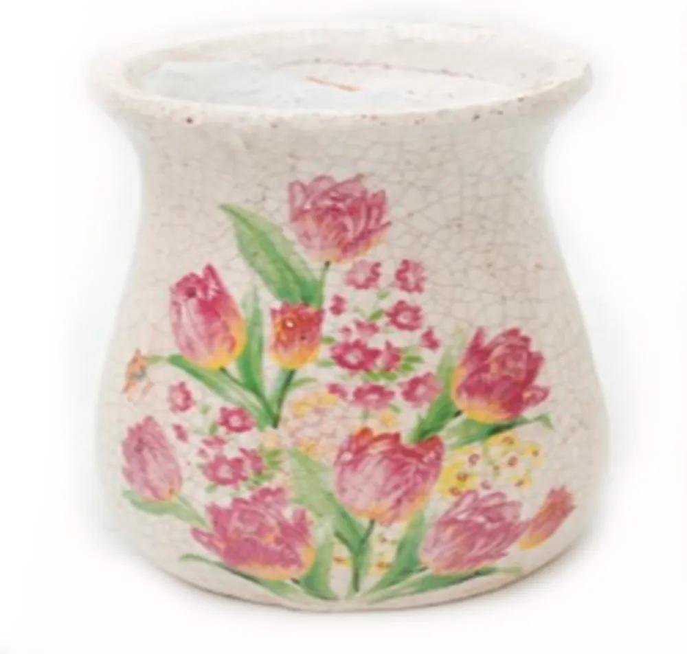 Cachepot em Cerâmica na Cor Bege com Pintura de Flores - 19x14cm
