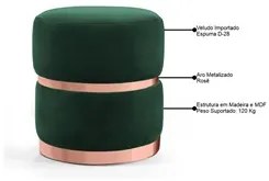 Puff Decorativo Com Cinto e Aro Rosê Round C-303 Veludo Verde Musgo -