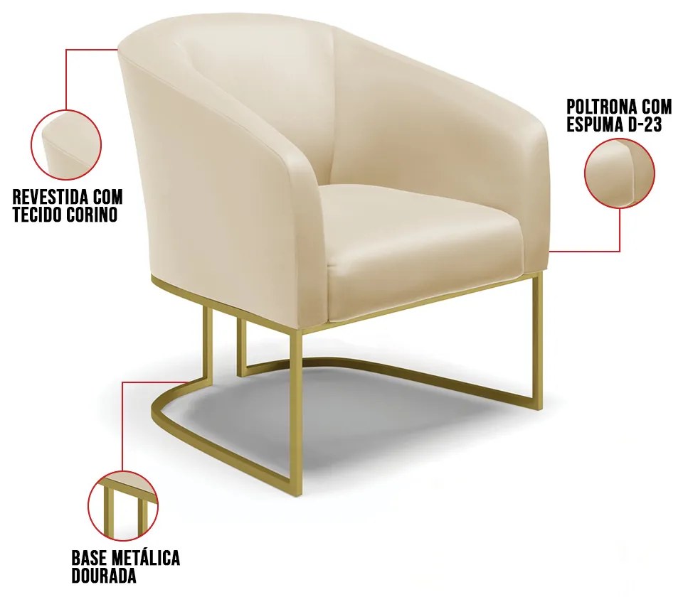 Poltrona Decorativa Industrial Dourado kit 2 Stella Sintético D03 - D'Rossi - Bege