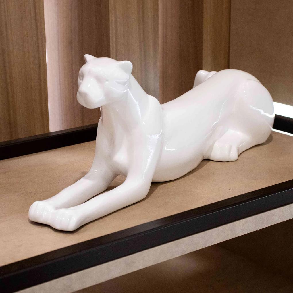 Escultura Decorativa Onça Deitada Branco 17,5x52x13 cm - D'Rossi