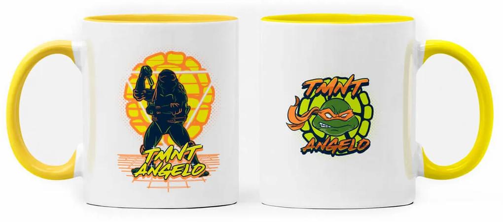 Caneca Tartarugas Ninjas Michelangelo Geek Nerd Branca com Alça Amarelo