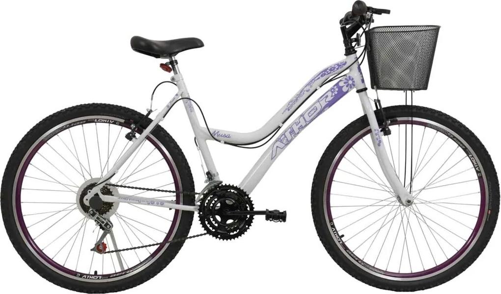 Bicicleta Aro 26 18Mmusa Branco e Violeta com cestÁo Athor Bikes
