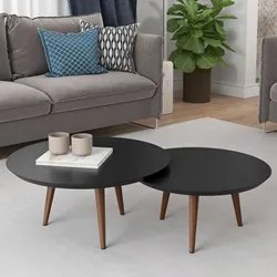 Conjunto Mesas de Centro Redondas Pés Madeira Luna Preto Acetinado - P