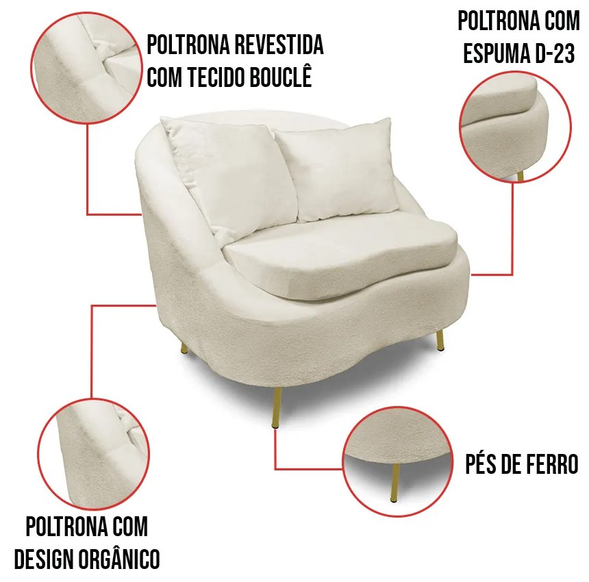 Poltrona Decorativa Orgânica Pé Ferro Dourado Zaya Bouclê Bege C05 - D'Rossi
