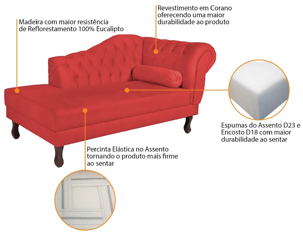 Recamier Diana 185cm Lado Esquerdo Corano Vermelho - ADJ Decor