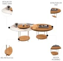 Mesa de Centro Para Sala Pés Metálicos Kit 2 Sky Cinamomo - HB Móveis