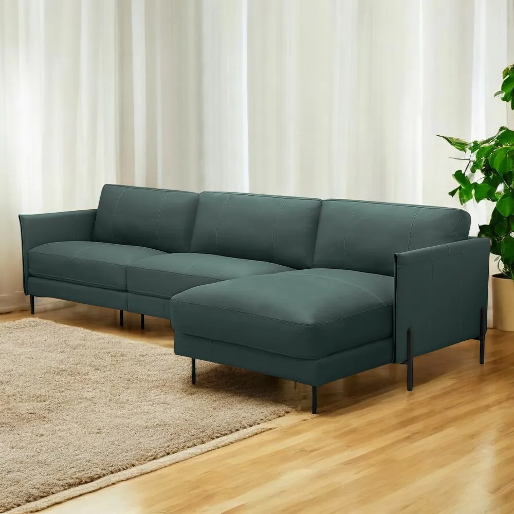 Sofá Decorativo Karine 5 Lugares Sala de estar 330cm com Chaise Pés em Aço Couro Verde Musgo G88 - Gran Belo