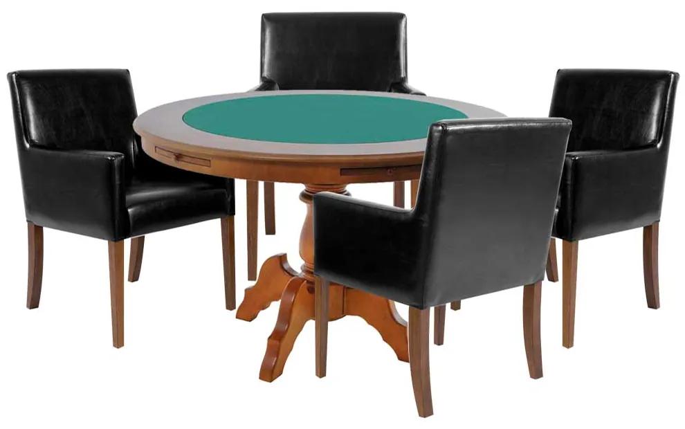 Mesa de Jogos Carteado Redonda Montreal Tampo Reversível Amêndoa com 4 Cadeiras Liverpool PU Preto Liso G36 G15 - Gran Belo