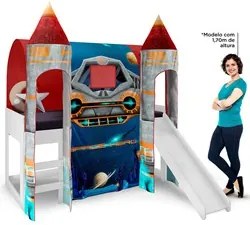 Cama Infantil com Escorregador Barraca 2 Torres LED Nave Espacial P13