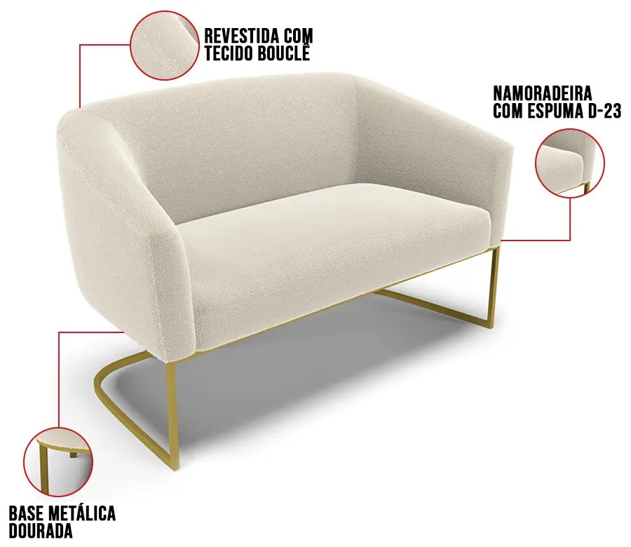 Sofá 2 Lugares Namoradeira Industrial Dourado Stella Bouclê D03 - D'Rossi - Bege
