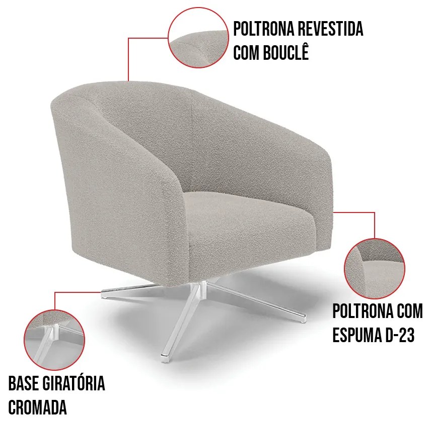 Poltrona Decorativa Base Giratória Cromada Stella Bouclê D03 - D'Rossi - Cinza