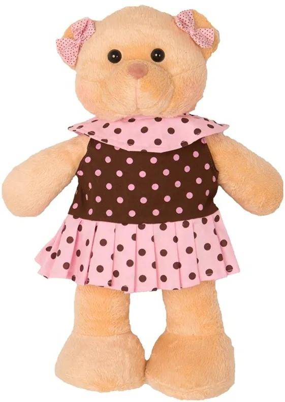 Ursa Soft Pequena em Pé Vestido Bolinhas Rosa e Marrom Laço