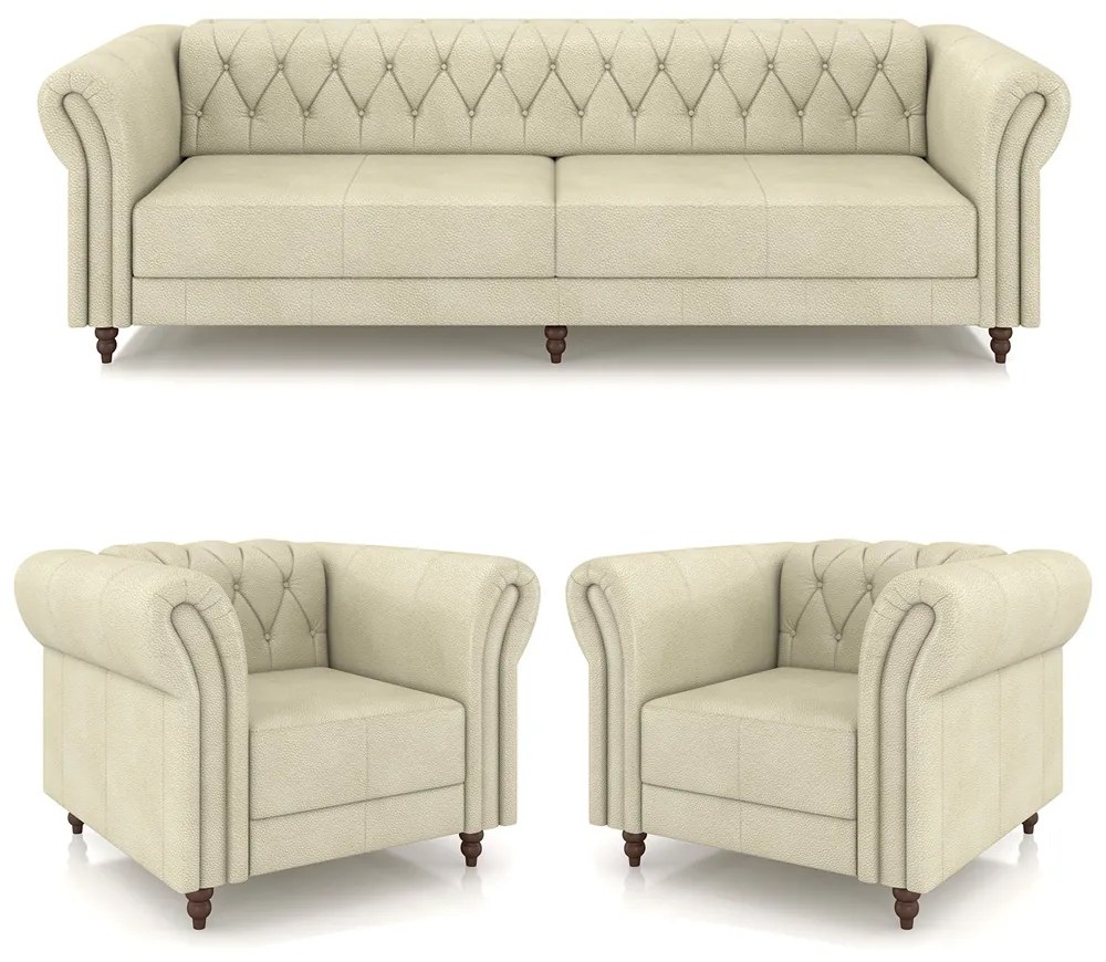 Conjunto Sala de Estar 1 Sofá Living 240cm e 2 Poltronas Stanford Chesterfield Pés Madeira Couro Off White G58 - Gran Belo