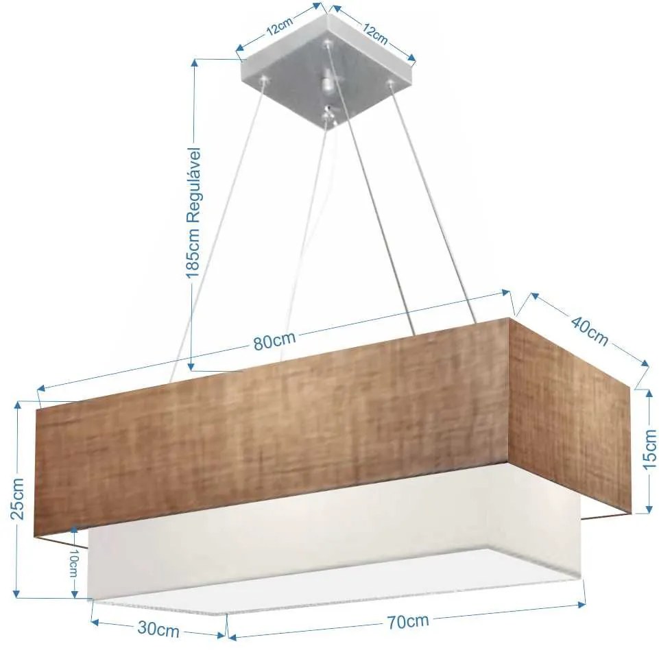 Lustre Pendente Duplo Retangular Vivare Md-4321 Cúpula em Tecido 80x40cm x 70x30cm - Bivolt - Palha-Branco - 110V/220V