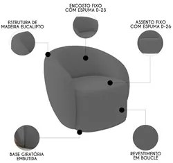 Poltrona para Sala de Estar Giratória Orgânica Garbin K04 Bouclê Cinza