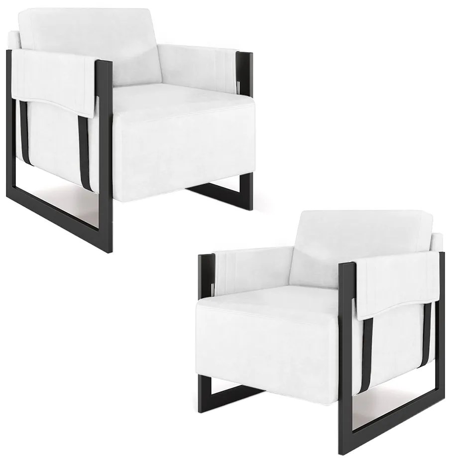 Kit 2 Poltronas Decorativa Sala de Estar Moria Base em Ferro Pu Preto/Branco G33 - Gran Belo