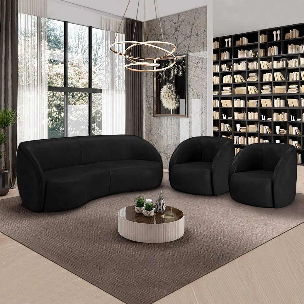 Conjunto Sofá Sala de Estar Bipartido 318cm e 2 Poltronas Clarke PU Preto Manchado G45 - Gran Belo