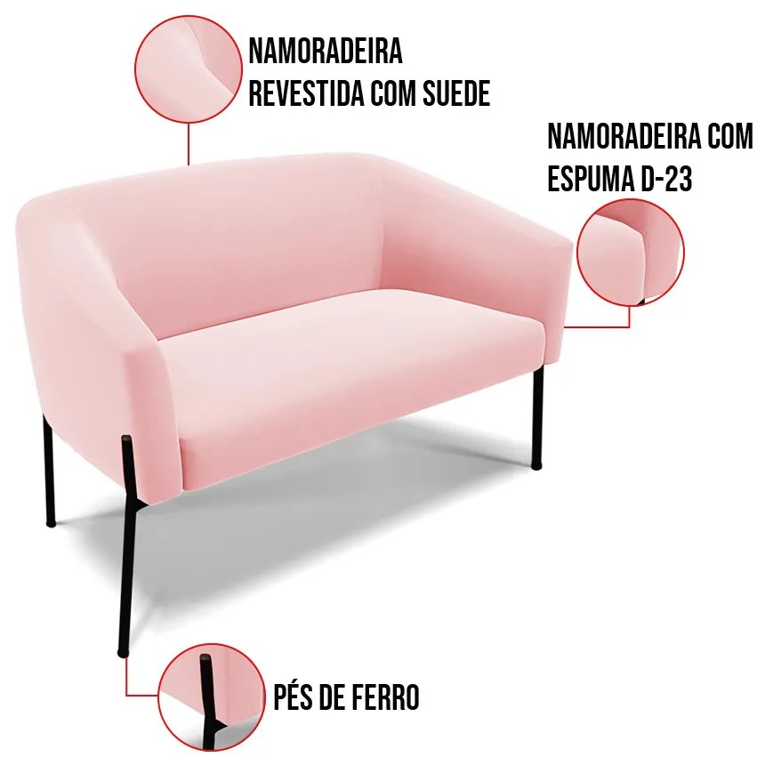 Sofá 2 Lugares Namoradeira Pé de Ferro Preto Stella Suede D03 - D'Rossi - Rosa Bebê
