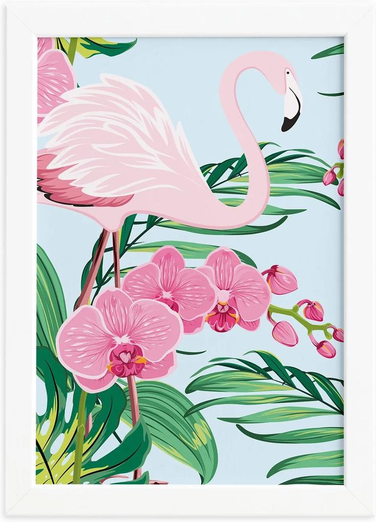 Quadro Flamingo Flores Moldura Branca 33x43cm