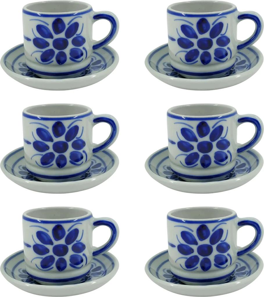 Conjunto 6 Xícaras de Café 80 ml com Pires Floral Azul e Branco