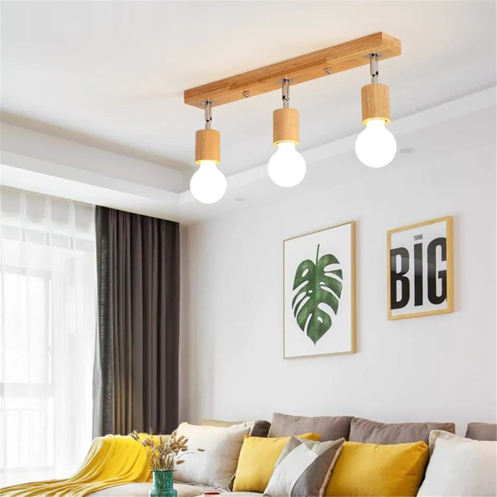 Plafon Luminária de teto, candelabro moderno com pista de madeira sólida, estilo nórdico, lâmpadas de teto de metal, 39cm, led, para decoração da sala de jantar, plano de fundo de tv - D - Com Lâmpada