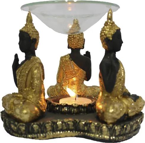 Porta Velas e Difusor Rechaud Três Budas com Prato de Vidro