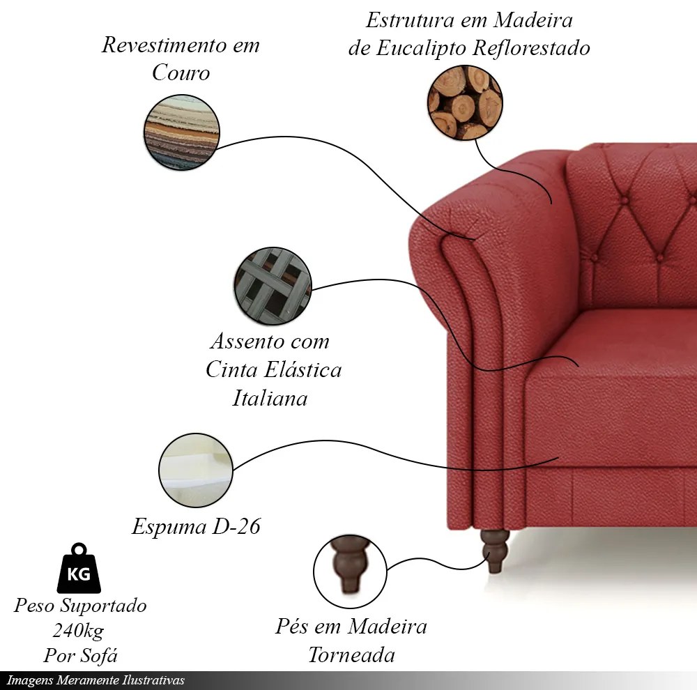 Conjunto de Sofá Sala de Estar Stanford Chesterfield 2 e 3 Lugares 200cm/260cm Pés Madeira Couro Vermelho G58 - Gran Belo