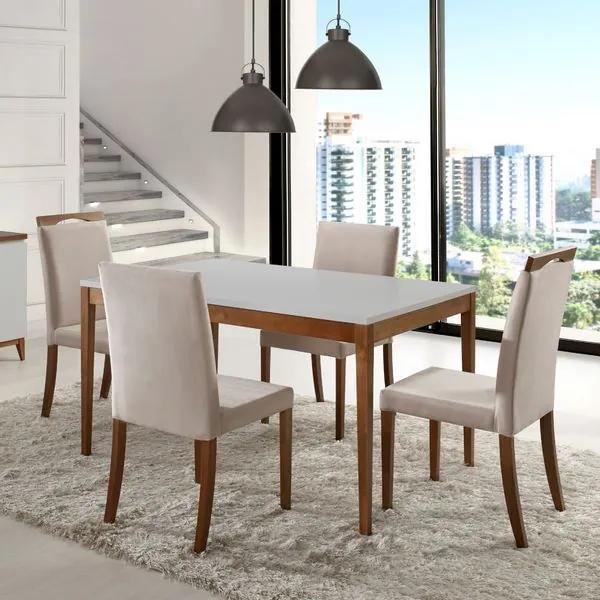 Sala de Jantar com Mesa 1,20m e 4 Cadeiras Joy - Laca Branco/Castanho