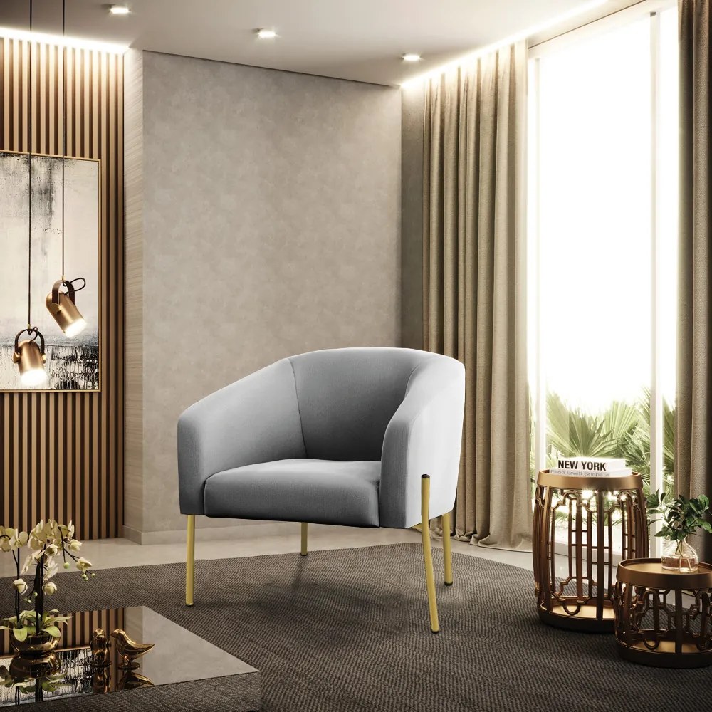 Poltrona Decorativa Pé de Ferro Dourado Stella Suede Cinza D03 - D'Rossi