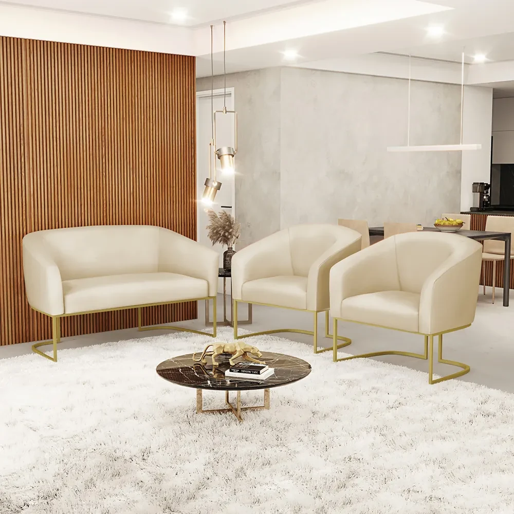 Namoradeira e 2 Poltronas Industrial Dourado Stella Sintético D03 - D'Rossi - Bege