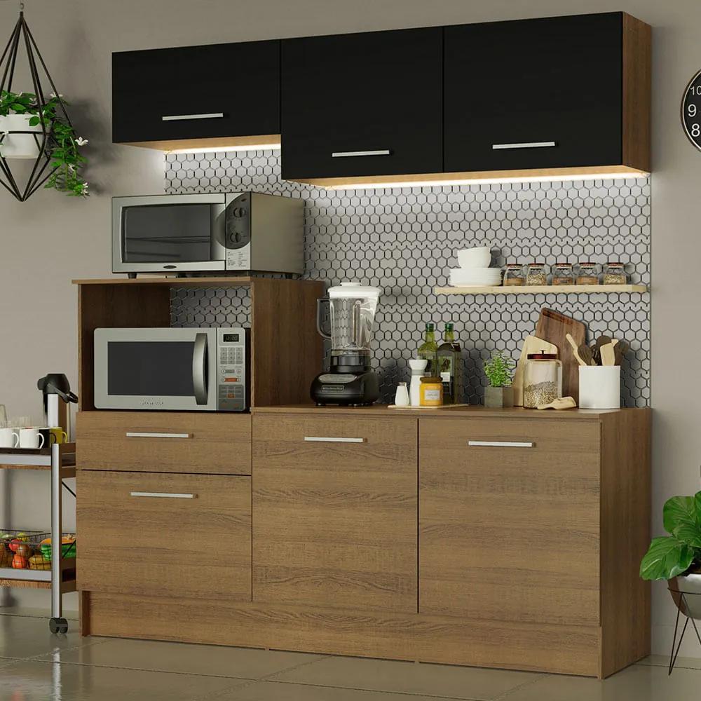 Cozinha Compacta Madesa Onix 180001 com Armário e Balcão Rustic/Preto 5Z7K Cor:Rustic/Preto