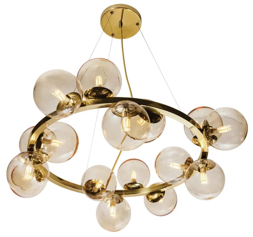 Pendente Ícaro C/ 16 Globos Assimetricos Ø76Cm 16L G9 / Metal E Globo... (ESC-V - Escovado, AMBAR)