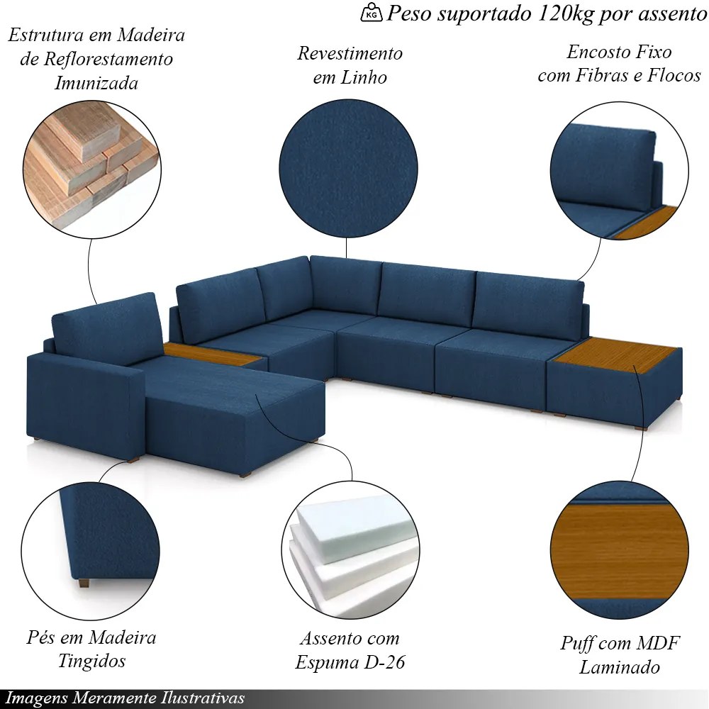 Sofá de Canto Decorativo Sala de Estar 603cm Modulado Takashi com Chaise e Puffs Linho Azul Petróleo G45 - Gran Belo