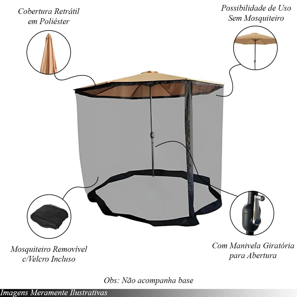 Ombrelone Externo Cobertura 330cm c/Mosquiteiro Estrutura em Aço c/Manivela Bege G31 - Gran Belo