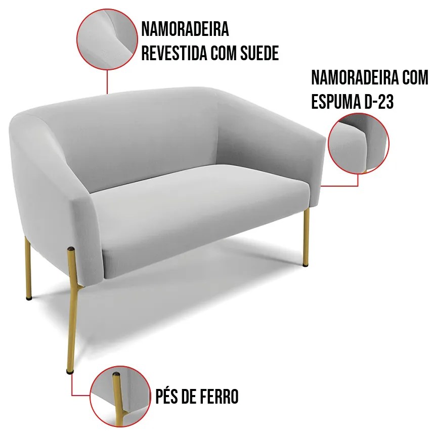 Sofá 2 Lugares Namoradeira Pé de Ferro Dourado Stella Suede D03 - D'Rossi - Cinza
