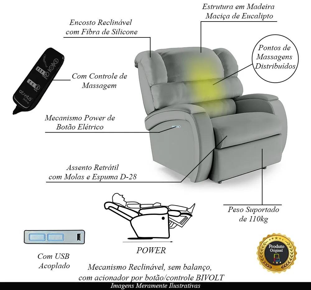 Poltrona do Papai Sala de Cinema Reclinável Kylie Elétrica Botão com Led Massagem USB PU Cinza G23